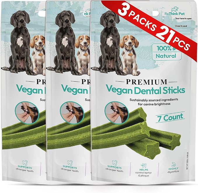 Vegan Dental Sticks for Dogs – Natural Plant-Based Dog Chews, Helps Clean Teeth & Freshen Breath, Long-Lasting Dental DogTreats (3 Packs, 21 Sticks)