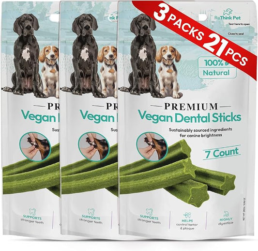 Vegan Dental Sticks for Dogs – Natural Plant-Based Dog Chews, Helps Clean Teeth & Freshen Breath, Long-Lasting Dental DogTreats (3 Packs, 21 Sticks)