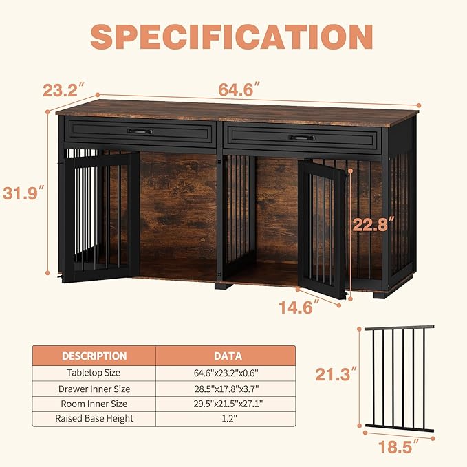 64.6" Furniture Dog Crate,Heavy Duty Wooden Dog Cage Furniture,Indoor Dog Kennel with Drawers & Removable Divider,Luxury Dog House w/Double Rooms for Small Medium Dogs,Rustic Brown