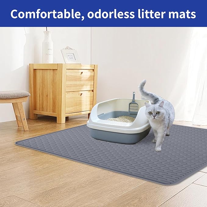 Cat Litter Mat,34x22in Litter Mat with Raised Edges,Waterproof Rubber Litter Box Mat,Soft Washable Cat Litter Mats Litter Trapping Mat Easy to Clean,Indoor Floor Large Kitty Litter Mats Grey