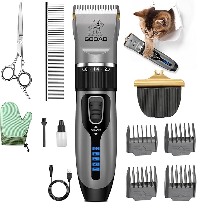 Goood Cat Clippers - Cordless, Low Noise, Quiet Grooming Kit for Matted & Long Hair, Paw Trimmer for Cats & Dogs (Gray)