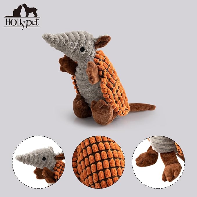 Hollypet Plush Dog Squeaky Toy Stuffed Armadillo Animal Pet Puppy Chew Toys with Clean Teeth for Small Medium Large All Breed Sizes Dogs, Tangerine, 8 in