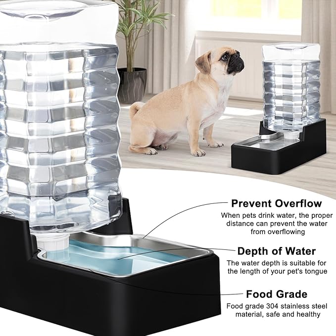 RIZZARI Stainless Steel Pet Water Feeder: 9.5L Black Automatic Leak-Proof Gravity Dispenser - Without Filter - for Senior 40-60 LB Dogs with Joint Spine Issues -Garage Living Room