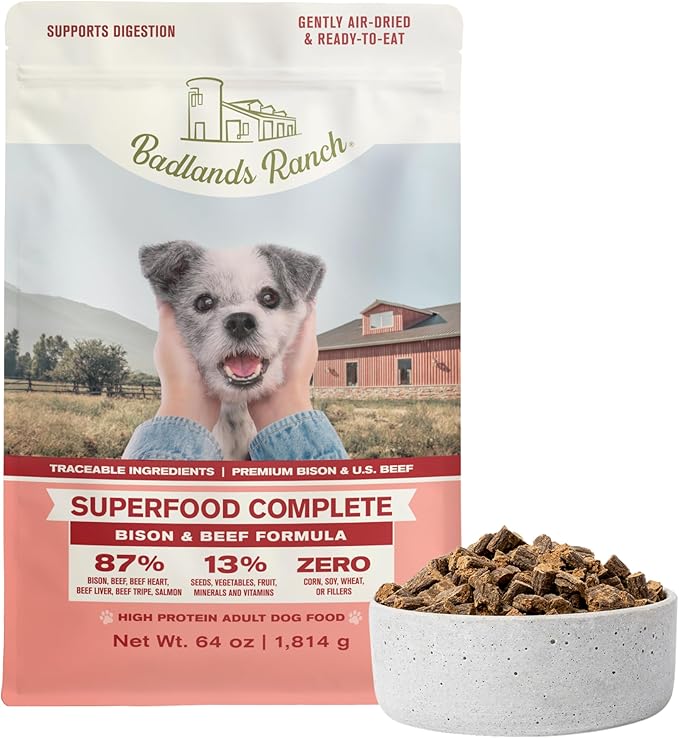 BADLANDS RANCH - Superfood Complete, Air-Dried Adult Dog Food - High Protein, Zero Fillers, Superfood Nutrition by Katherine Heigl (64 oz, Beef & Bison Formula)