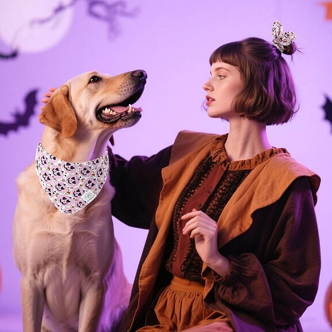 E-Clover Halloween Dog Bandanas & Matching Scrunchie Set Girl Cute Pink Pumpkin Dog Scarf Bibs Pet Bandana with Bow Tie for Small Dogs Puppy Owner Mom