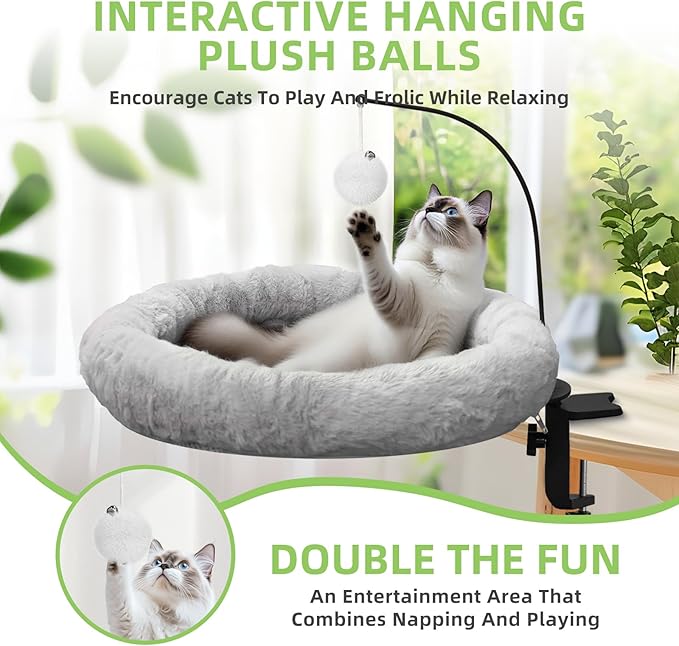 Cat Desk Bed - Hanging Plush Ball Design, 360° Rotating Round Cats Bed, Can Bear 50 Pounds, Soft Faux Rabbit Fur Material, Cat Hammock are Suitable for Various Desktops