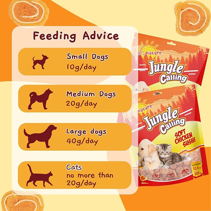 Jungle Calling Soft Chicken & Codfish Cat & Dog Treats, High Protein Pet Snacks for Small & Medium Dogs & Cats, Chewy Chicken Sushi Dog Training Treats, 10.6 oz