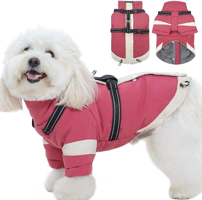 Turtleneck Dog Coat with Harness Built in - S,Soft Warm Lining | Adjustable Reflective Harness Coats for Small Dogs,Water-Repellent Snowsuit,Windproof & Cold-Resistant Jacket (Pink)
