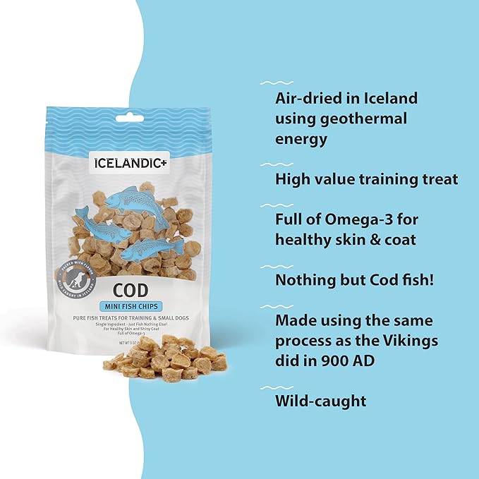 Icelandic+ Mini Fish Chips: Cod - 2.5oz Bag, Dog Treats, Wild-Caught & Air-Dried, Single Ingredient Crunchy Pet Snacks, Just The Fish Nothing Else