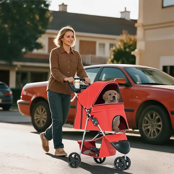Cat Dog Stroller - 3-Wheels for Medium/Puppy Dogs 30 Lbs, Cats - Foldable with Storage Basket and Cup Holder, Breathable Mesh Red