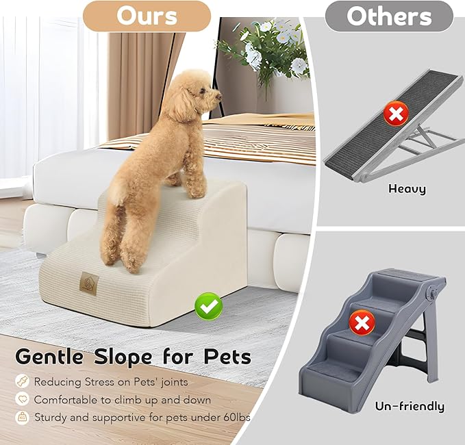 Mestuel Dog Stairs for Small Dogs Cats, Small Pet Stairs Steps, Foam 2-Tier Pet Stairs Steps for Couch Sofa, Dog Ramp Ladder Indoor with Nonslip Bottom &Washable Cover, Beige
