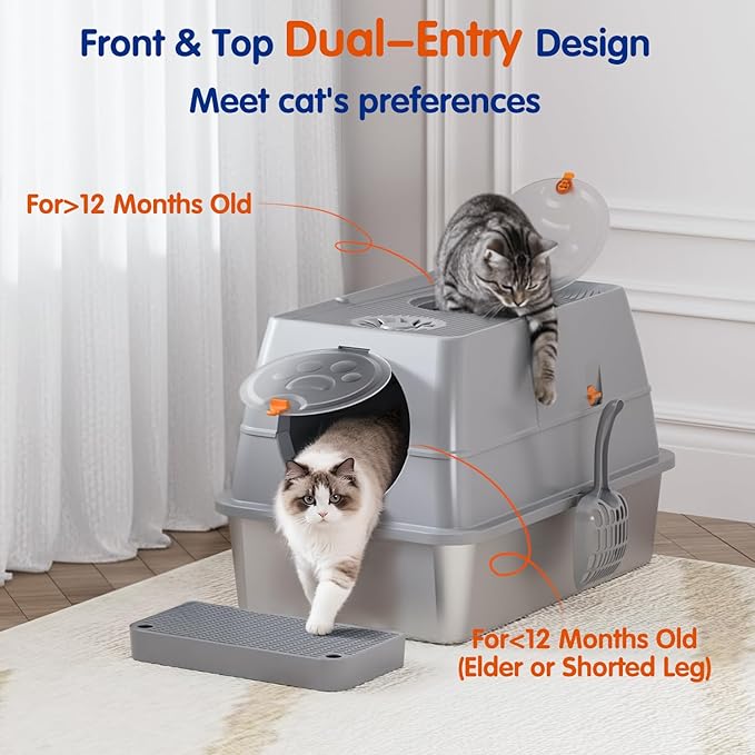 Front & Top Entry Stainless Steel Litter Box with Lid,Cat Litter Box Enclosure,Extra Large Enclosed,Non-Sticky Metal Pan,Anti-Leakage,Odor Control,Easy Clean,Covered for Indoor Cats,Includes Scoop Set