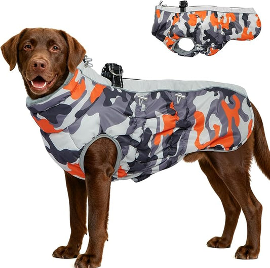 Dog Coat Dog Winter Jacket-3X Large, Warm Dog Coat Zip Up Snowsuit Dog Harness Vest Reflective Water-Resistant Dog Coat Dog Snow Jacket for Large Dogs Labrador, Huskyn, Orange-Camouflage