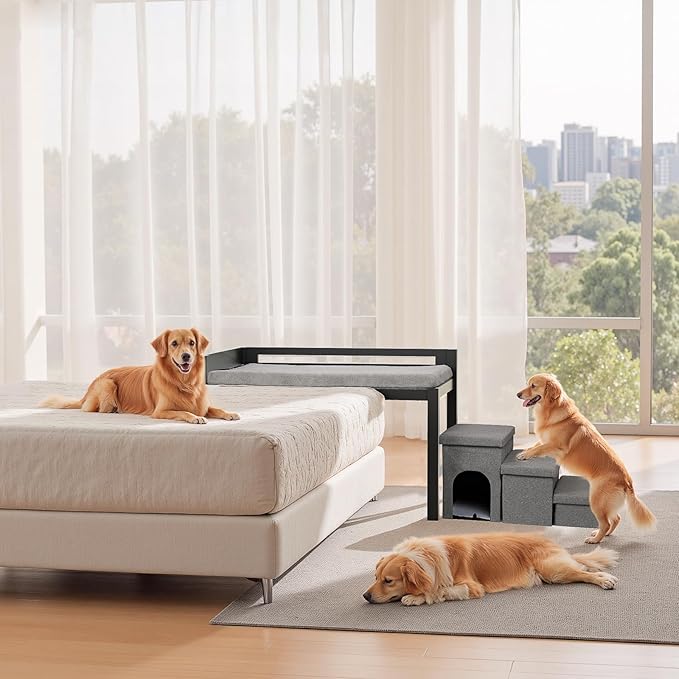 Bedside Dog Bed with Stairs，27×41 Wooden Elevated Dog Bed Cosleeper with Removable Mattress, Foldable 3-Step Stairs & Guardrail, Bassinet-Style Pet Bed for Large Dogs