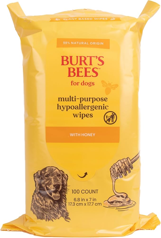 Burt's Bees for Pets Multipurpose Dog Wipes with with Honey, 98% Natural Origin Formulas, Hypoallergenic Dog Wipes Cleaning, Dog Cleaning Wipes, Dog Wipes for Paws and Butt, 100ct