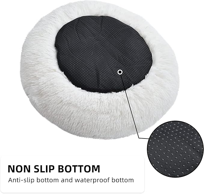 White Faux Fur Cat & Dog Beds 20 inches - Washable Dog Beds for Small Medium Dogs, Anti-Anxiety, Round Plush, Fluffy Thick Bottom