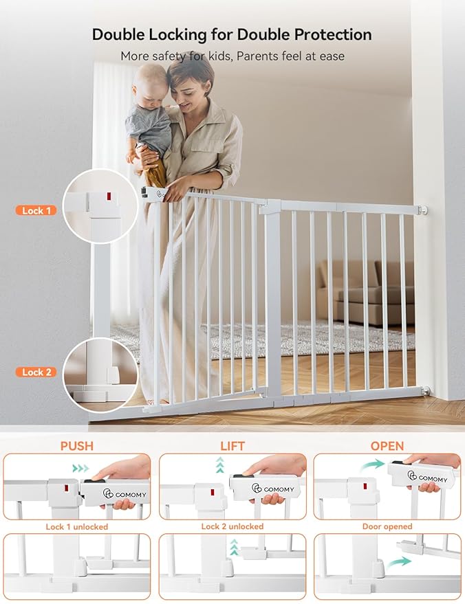 COMOMY 30" Tall Baby Gate for Stairs Doorways, Fits Openings 29.5" to 51.6" Wide, Auto Close Extra Wide Dog Gate for House, Pressure Mounted Easy Walk Through Pet Gate with Door, White