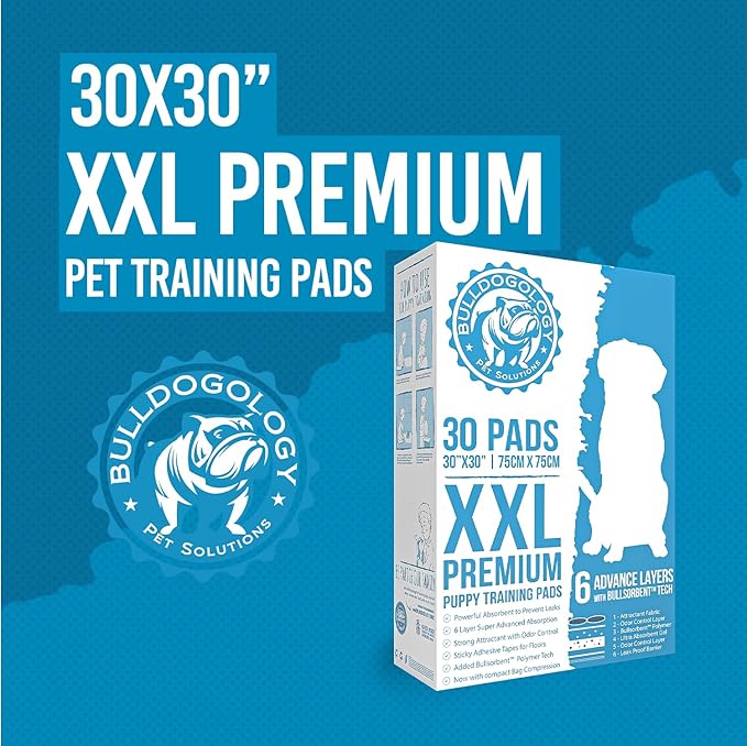 Bulldogology Puppy Pee Pads XXL with Adhesive Sticky Tape - Extra Large Dog Training Wee Pads (30x30) 6 Layers with Extra Quick Dry Bullsorbent Polymer Tech (30-Count, White)