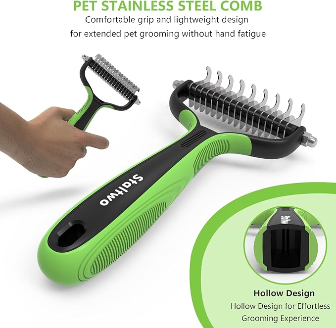 Pet Grooming Supplies - 2-in-1 Professional Undercoat Rake and Pet Brush | Shedding Control for Long Haired Dogs and Cats, Deshedding Tool, Furminator for Dogs, Green