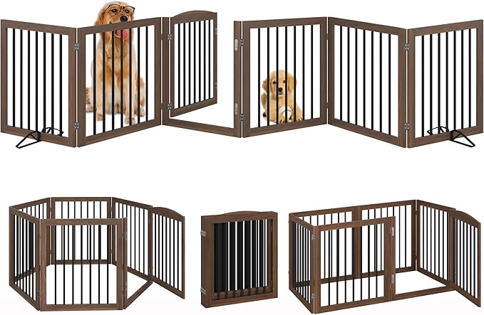 Vantas Folding Pet Gate 144" Wide, 30" Tall No-Assembly Wooden Dog Gate with Door Walk Through, Freestanding Pet Gate, Puppy Safety Fence, with 2PCS Support - Brown