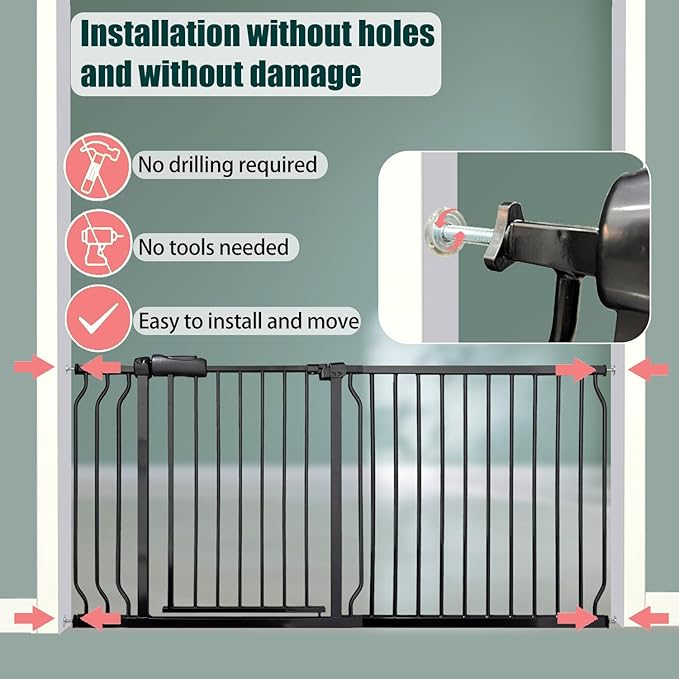Heavy Duty Baby & Dog Safety Gate 86-104.7 Inch, Black Metal, Pressure Mounted No Drilling Pet Gate for Large Openings
