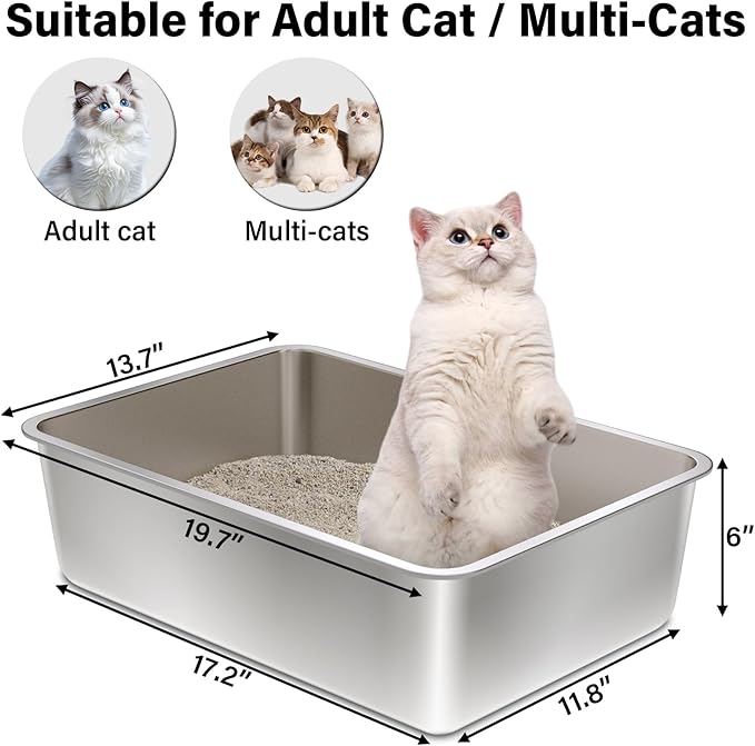 Stainless Steel Litter Box, 20"x14"x6" Large Metal Cat Litter Box, Easy to Clean, Non Stick No Smell,Steel Litterbox for Adult Cats/Kitty