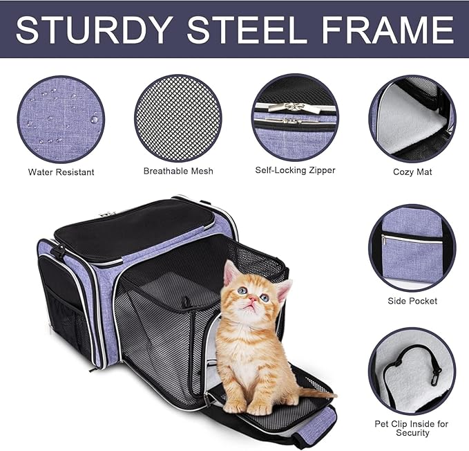 BAGLHER Expandable Cat Carrier with Travel Litter Box, Pet Travel 5 Sides Open Doors 3 Sides, Leak-Proof and Collapsible, for Car, Airplane Trip, Purple