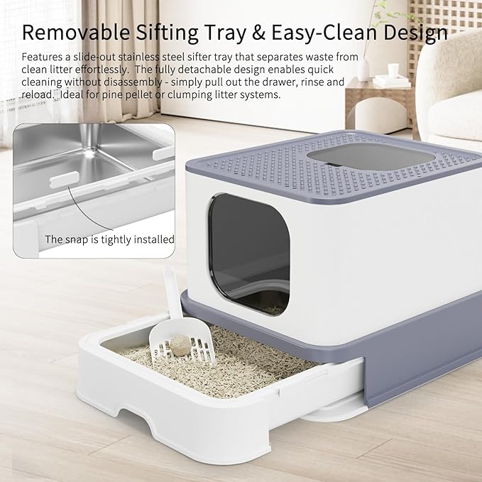 RIZZARI Stainless Steel Cat Litter Box: Large Leak-Proof Odor-Free Design - XXL Gray - for Indoor Cats Pet Owners Solution