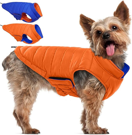 QBLEEV Reversible Dog Puffer Coat, Warm Orange Vest for Dogs, Waterproof Windproof Padded Jacket for Small Dogs, Adjustable Puppy Winter Coats, XS Snow Cold Weather Coats for Chihuahua Yorkie