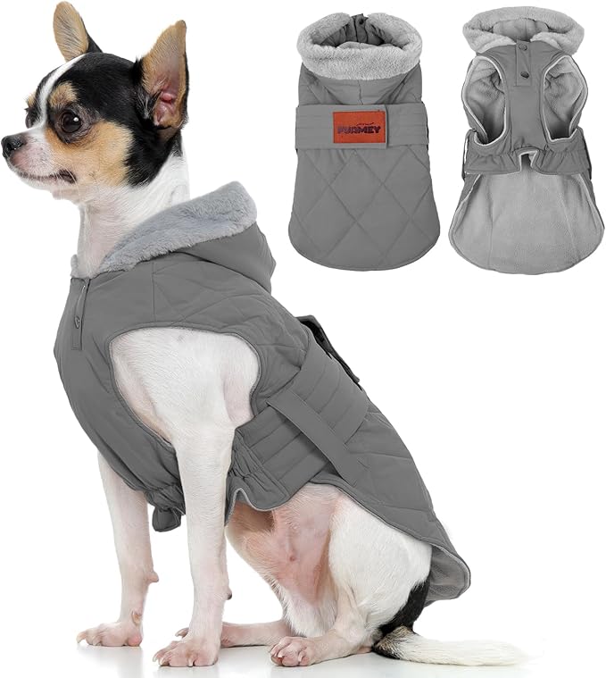 FUAMEY Dog Winter Coat Small, Thermal Dogs Jackets with Harness Hole, Waterproof Cold Weather Snowsuit Plush-Lined, Warm Winter Pups Outfits Adjustable Hook and Loop (Gray, XS)