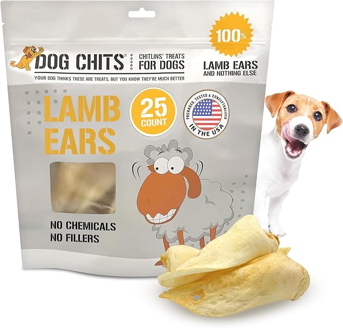 Dog Chits Lamb Ears Dog and Puppy Treats - All Natural Grain and Chemical Free Training Chews - High Protein and Low Fat - Supports Dental Health - Made in The USA - 25 Pack