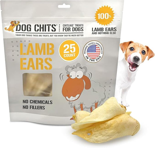 Dog Chits Lamb Ears Dog and Puppy Treats - All Natural Grain and Chemical Free Training Chews - High Protein and Low Fat - Supports Dental Health - Made in The USA - 25 Pack