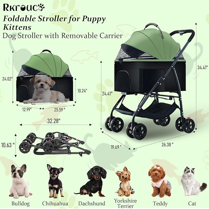 3 in 1 Dog Strollers 4 Wheels Folding Pet Stroller with Detachable Carrier Multifunction Portable Dogs Travel Carriers for Medium Small Puppy Kittens(Green)