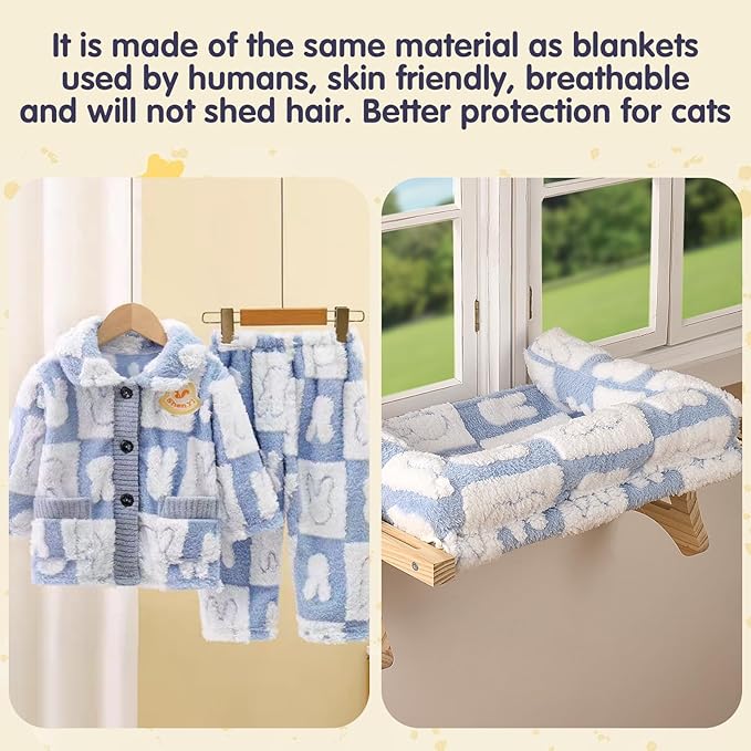 Cat Sill Window Perch Sturdy Hammock Window Seat with Cushion Bed Cover, Premium Wood & Metal Frame for Cats, Easy to Adjust Cat Bed for Windowsill, Bedside and Drawer (White-Blue, 15)