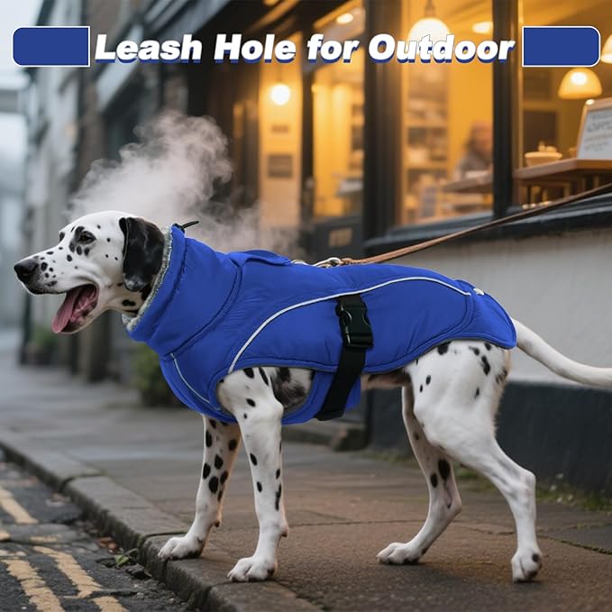 DENTRUN Extra Large Warm Dog Jacket - Windproof Water Repellent Reflective Coat, Adjustable Plush Turtleneck, Easy Wear Fleece Lined Cold Weather Vest for Great Dane, Blue, XXXL