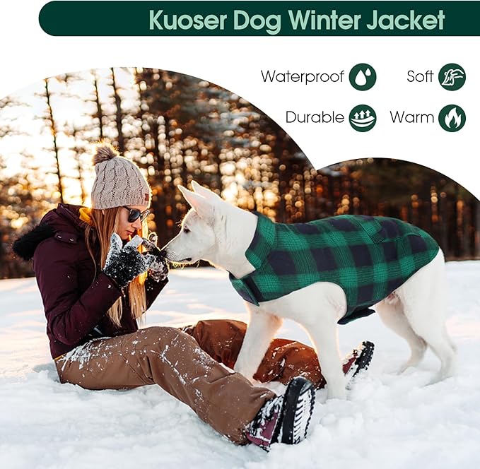 Kuoser Reversible Winter Coat, British Style Jacket for Medium and Large Dogs - Warm Windproof Puppy Cold Weather Clothes Vest, Green L