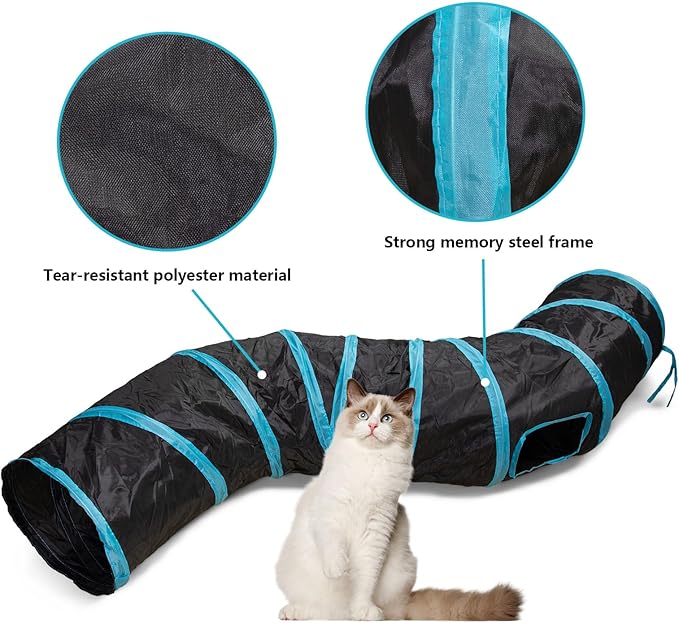 Cat Tunnel, S-Shape Cats Cave with, InteractiveCat Toys, Cat Tunnels for Indoor Cats, Foldable Cat Tubes and Tunnels for Cats Kittens, Puppies, Kitten, Rabbit, Guinea Pigs (Blue & Black)
