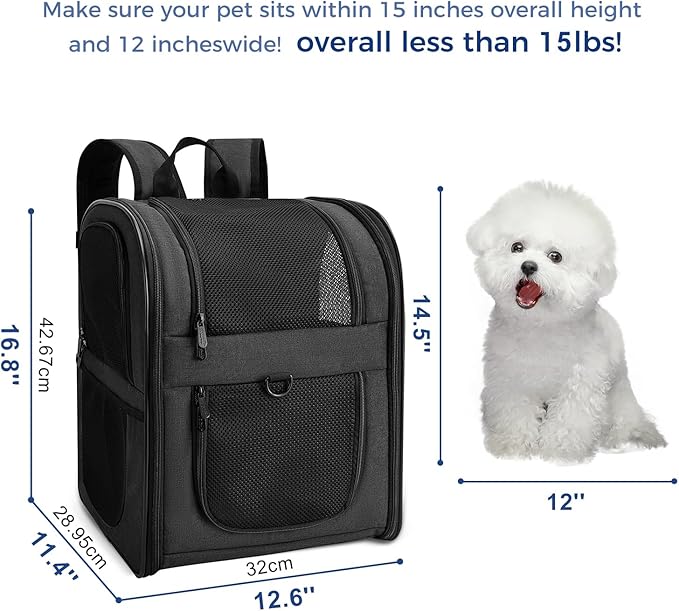 Apollo Walker Dog & Cat Carrier Backpack for 4-15lb Pets - Ventilated Safe Design with Padded Back Support, Breathable Mesh Pet Backpack for Hiking, Travel, Outdoor (Black)