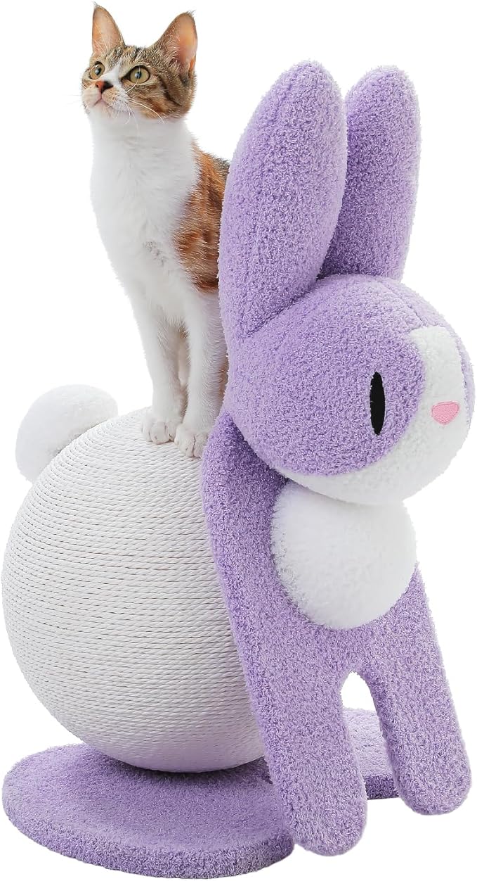 Cute Cat Scratching Post- Bunny Style, Cat Scratcher Toy with Paper Rope, Extra Large Cat Scratch Ball (Ø11.8) for Indoor Kitten, Rabbit Scratch Ball for Kitty to Climb & Play, Purple