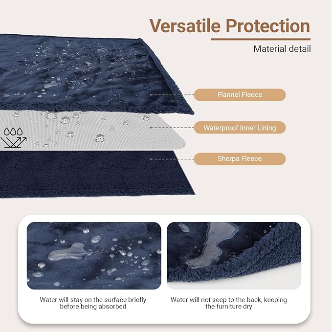 Waterproof Dog Blanket for Medium Dogs - Reversible Washable Pet Blanket, Soft Sherpa Fleece Furniture Protector, Cat Throw Bed Couch, Navy, 30"x40"