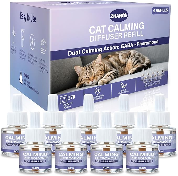 Cat Calming Diffuser Refill 9 Pack Pheromone Diffuser to Calm Cats 270 Days Effectively Anti Anxiety Relief Stress Cat Pheromones Calming Refills 48ml/Bottle Fits All Cats And Common Diffusers Plug in