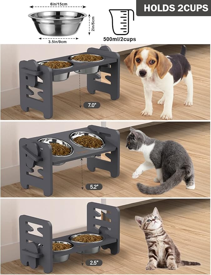 Vantic Elevated Dog Bowls, Adjustable Raised Dog Bowl Stand for Small Puppy and Cats, Sturdy Bamboo Pet Food Feeder with 2 Stainless Steel Dishes, Gray