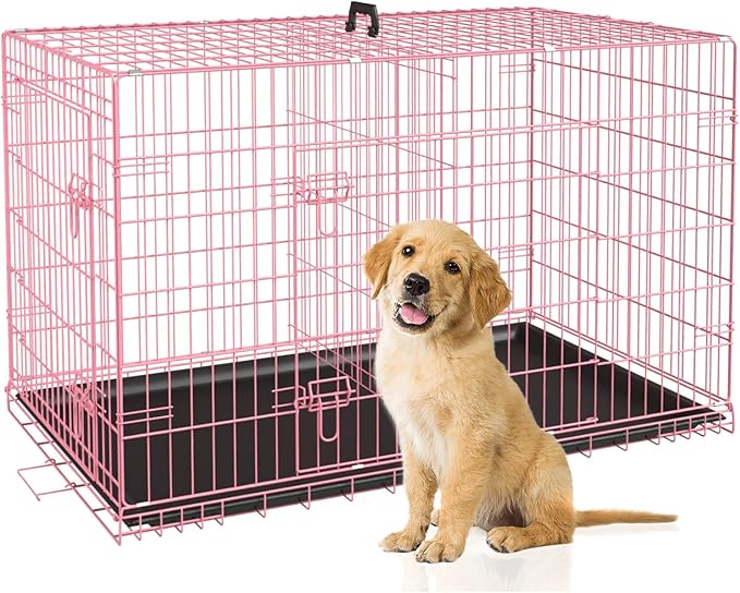 BestPet 30 Inch Dog Crates for Small Medium Dogs Folding Metal Wire Crates Dog Kennels Outdoor and Indoor Pet Dog Cage Crate with Double-Door,Divider Panel, Removable Tray and Handle,Pink
