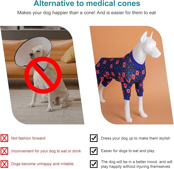 LovinPet Large Dog Pajamas for Male Dogs Anti Licking Anxiety Calming Big Dog Pajamas, Lightweight Stretchy Fabric, Ring Print, Jammies for Large Dogs, Pitbull Party Clothes, Big Dog Costume,3XL