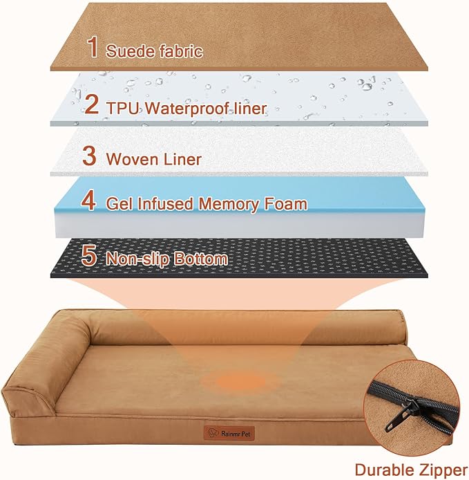 Orthopedic Dog Beds Large Sized Dog, Memory Foam Pet Bed for Medium and Large Dogs, Removable and Washable Microsuede Cover, TPU Waterproof Liner, Nonskid Bottom, 44x32x6 Inches, Khaki