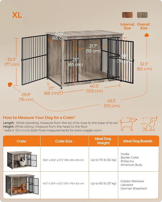 Feandrea Dog Crate Furniture, 43.3" Side End Table, Modern Kennel for Dogs Indoor up to 80 lb, Heavy-Duty Dog Cage with Enclosed Base, Double-Door Dog House, Greige UPFC024G01