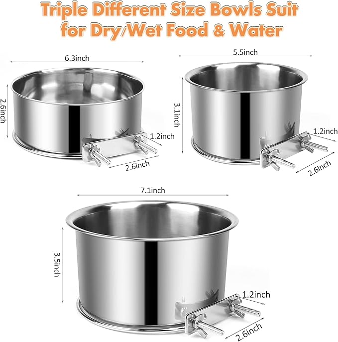 Dog Crate Water Bowl, 3 pcs Stainless Steel Dog Bowls, Durable Anti-Spill Pet Metal Bowl for Cage Kennel Crate, Hanging Water/Food Bowl for Medium & Large Dogs (7.1x3.5'' & 6.3x2.6'' & 5.5x3.1'')
