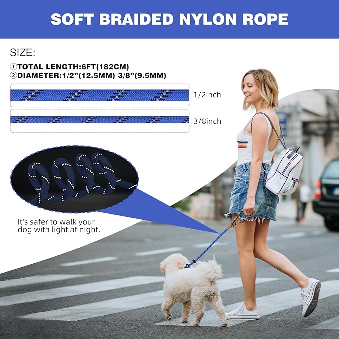 lynxking Slip Lead Dog Leash Reflective, Heavy Duty Comfortable Strong Rope for Large Medium Small Dogs No Pull Pet Training (Blue, Large 1/2in x 6ft-Slip Lead)
