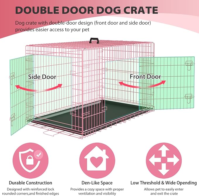 BestPet | Dog Crate | 36" | Pink | Foldable Metal Kennel with Double Doors, Secure Slide-Bolt Latches, Leakproof Tray | Portable Dog Cage for Medium Sized Breeds | for Travel, Indoor & Outdoor Use