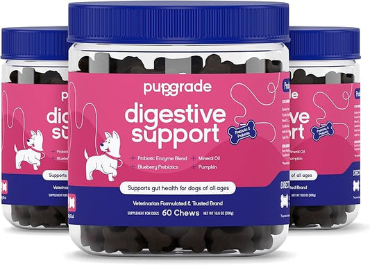 PupGrade Digestive Support Chews for Dogs - Prebiotic and Probiotic Supplement with Enzyme Blend - Upset Stomach, Diarrhea, Bowel, and Immune Support - Pumpkin, Blueberry, Mineral Oil - 180 Soft Chews